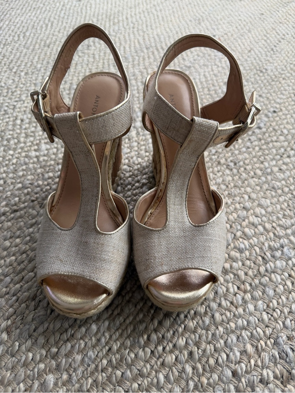 Anyi Lu Natural Linen Wedge Sandals with Gold Trim